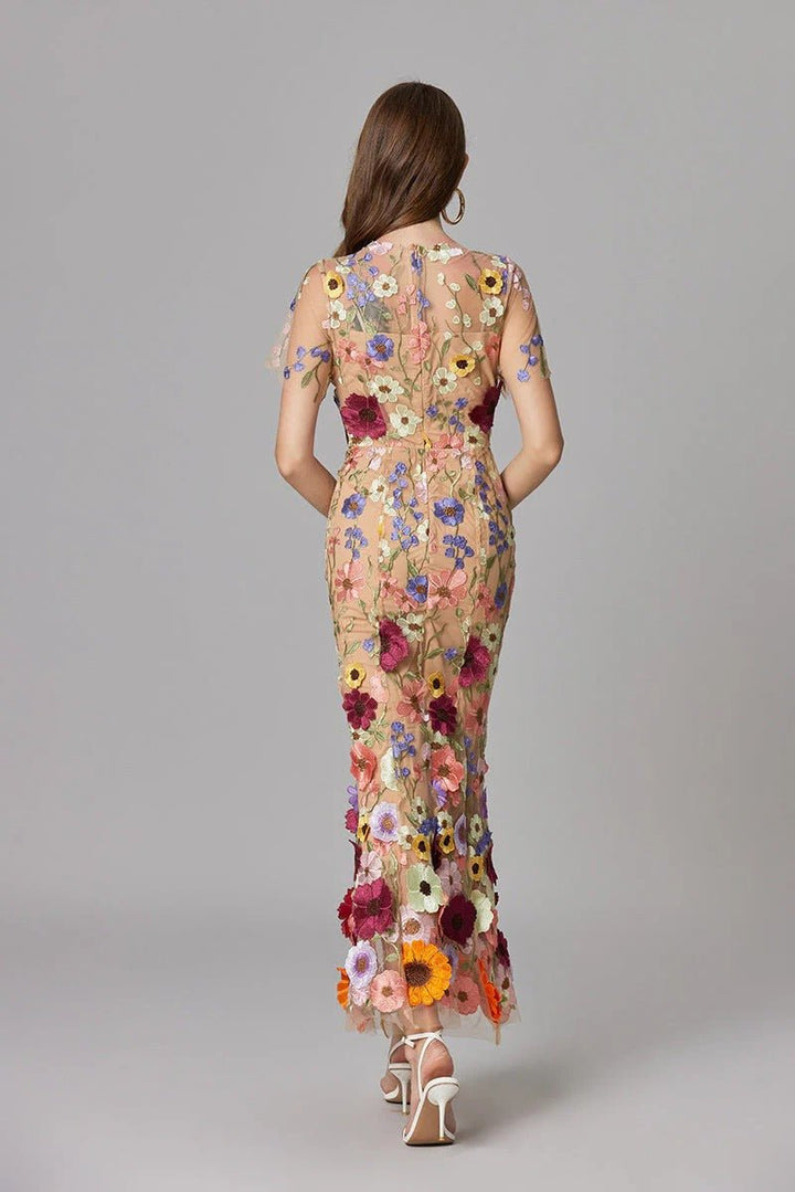 Women's 3D Floral Appliqué Sheer Mesh Sleeveless Column Maxi Dress