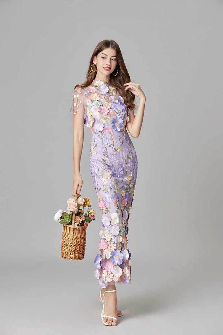 Women's 3D Floral Appliqué Sheer Mesh Sleeveless Column Maxi Dress