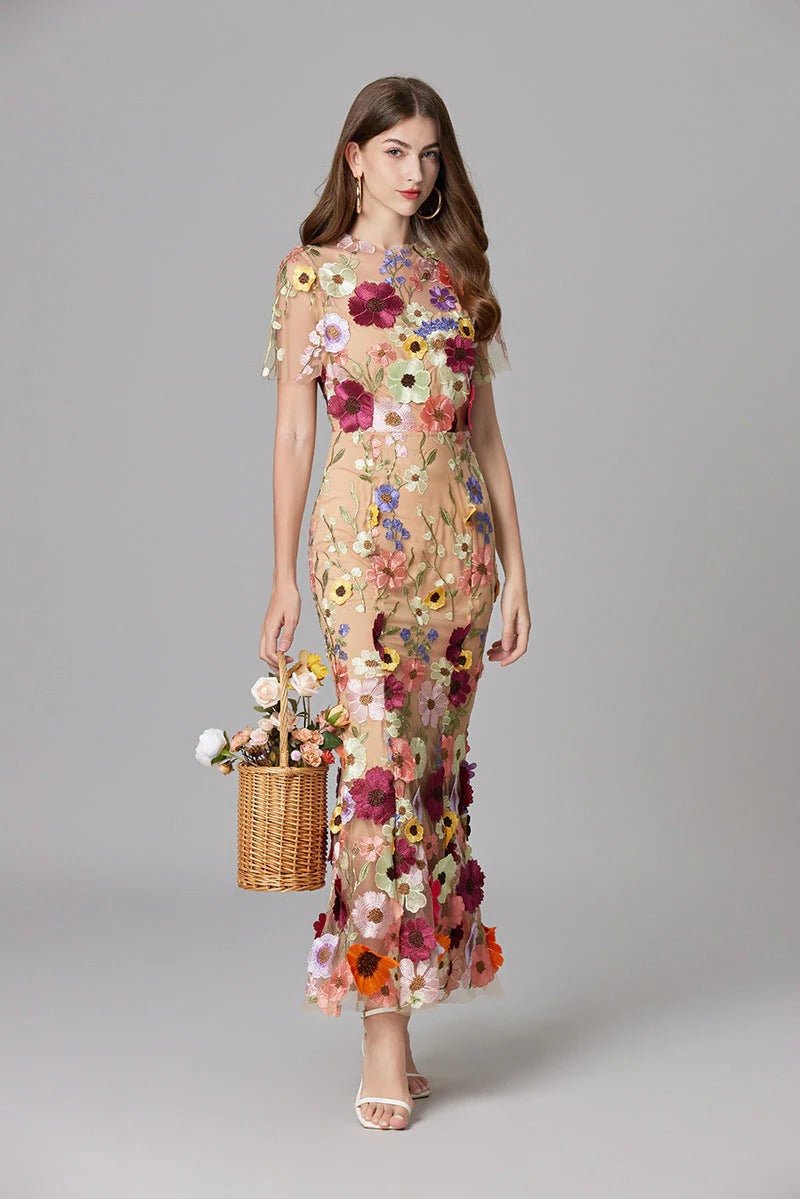 Women's 3D Floral Appliqué Sheer Mesh Sleeveless Column Maxi Dress