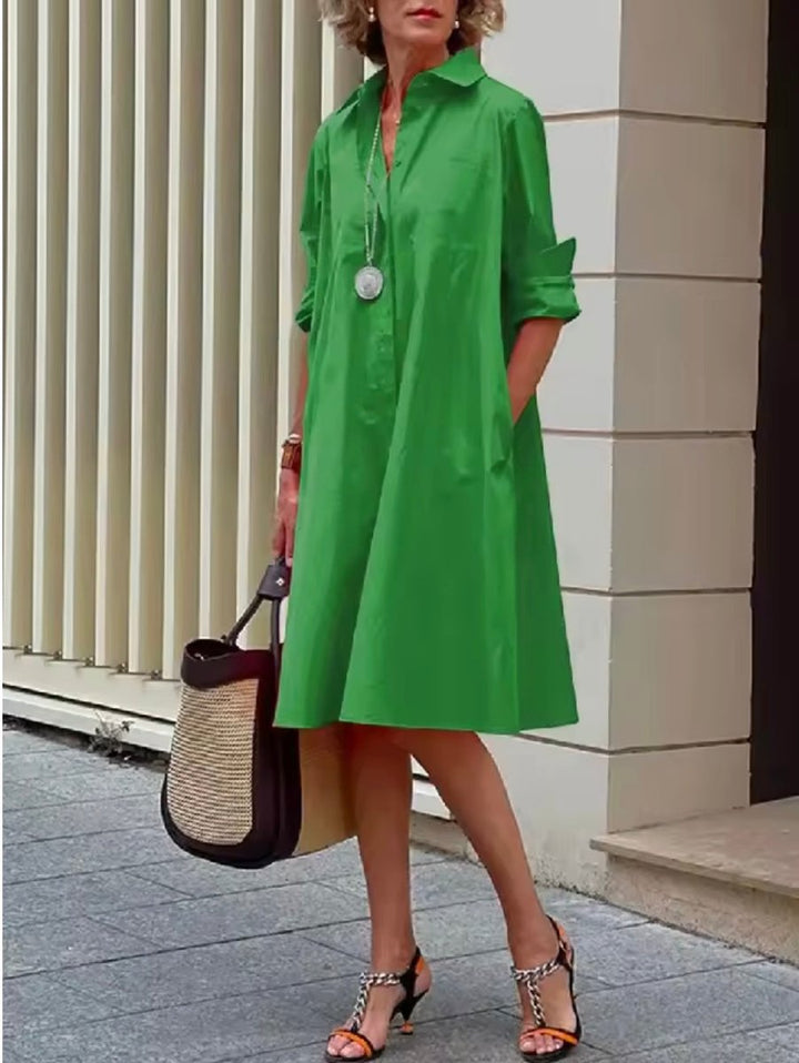 Women's A-Line Collared Button-Down Shirt Dress 3/4 Sleeve - Green