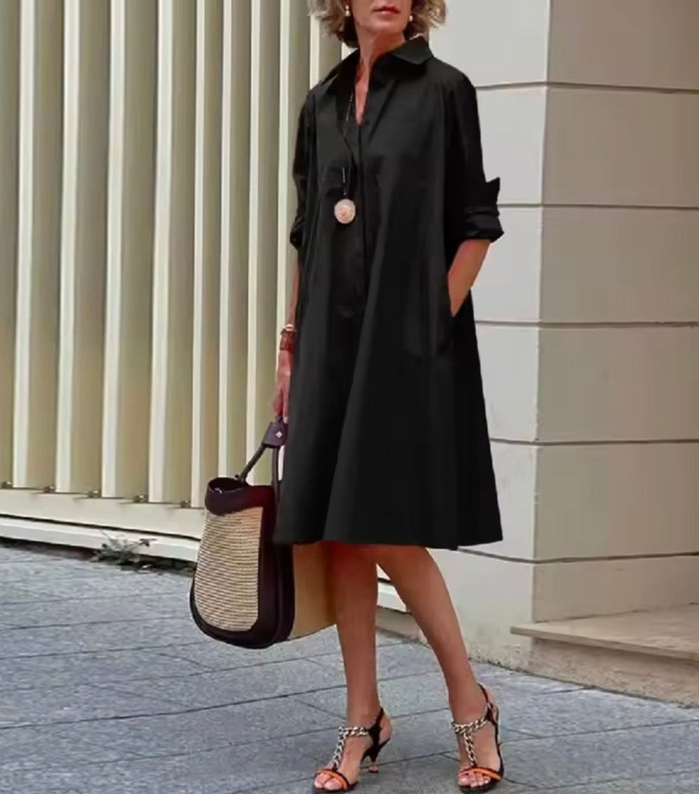 Women's A-Line Collared Button-Down Shirt Dress 3/4 Sleeve - Black