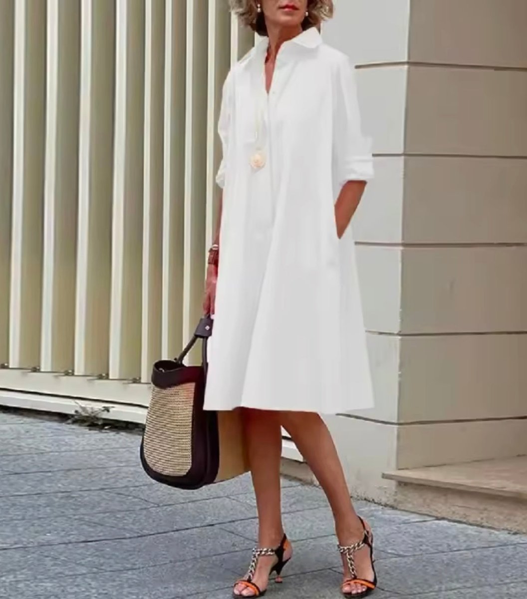 Women's A-Line Collared Button-Down Shirt Dress 3/4 Sleeve - White