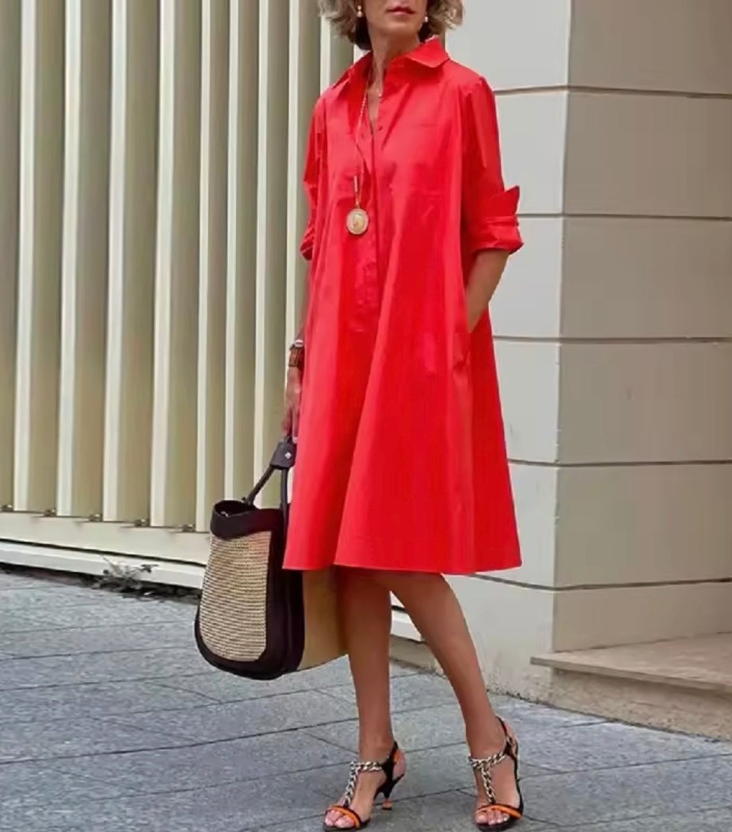Women's A-Line Collared Button-Down Shirt Dress 3/4 Sleeve - Red