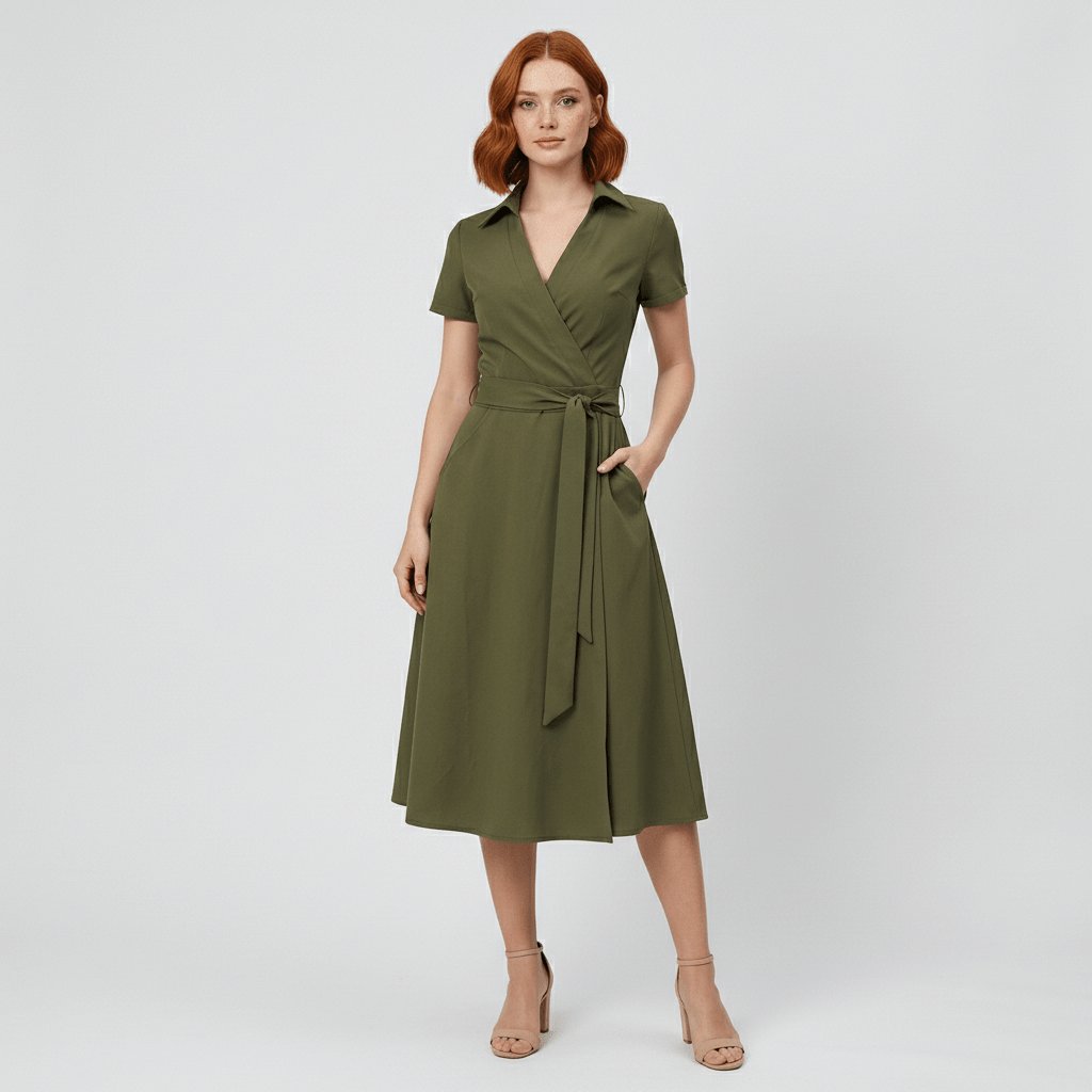 Women's A-Line Wrap V-Neck Short Sleeve Midi Dress - Olive Green