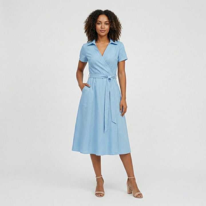 Women's A-Line Wrap V-Neck Short Sleeve Midi Dress - Sky Blue