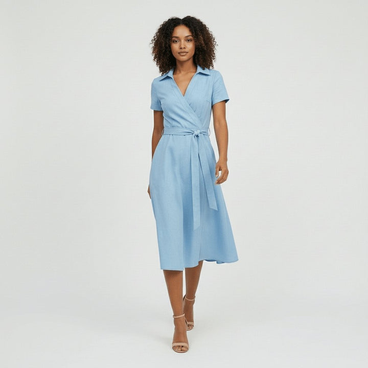 Women's A-Line Wrap V-Neck Short Sleeve Midi Dress