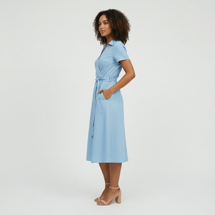 Women's A-Line Wrap V-Neck Short Sleeve Midi Dress