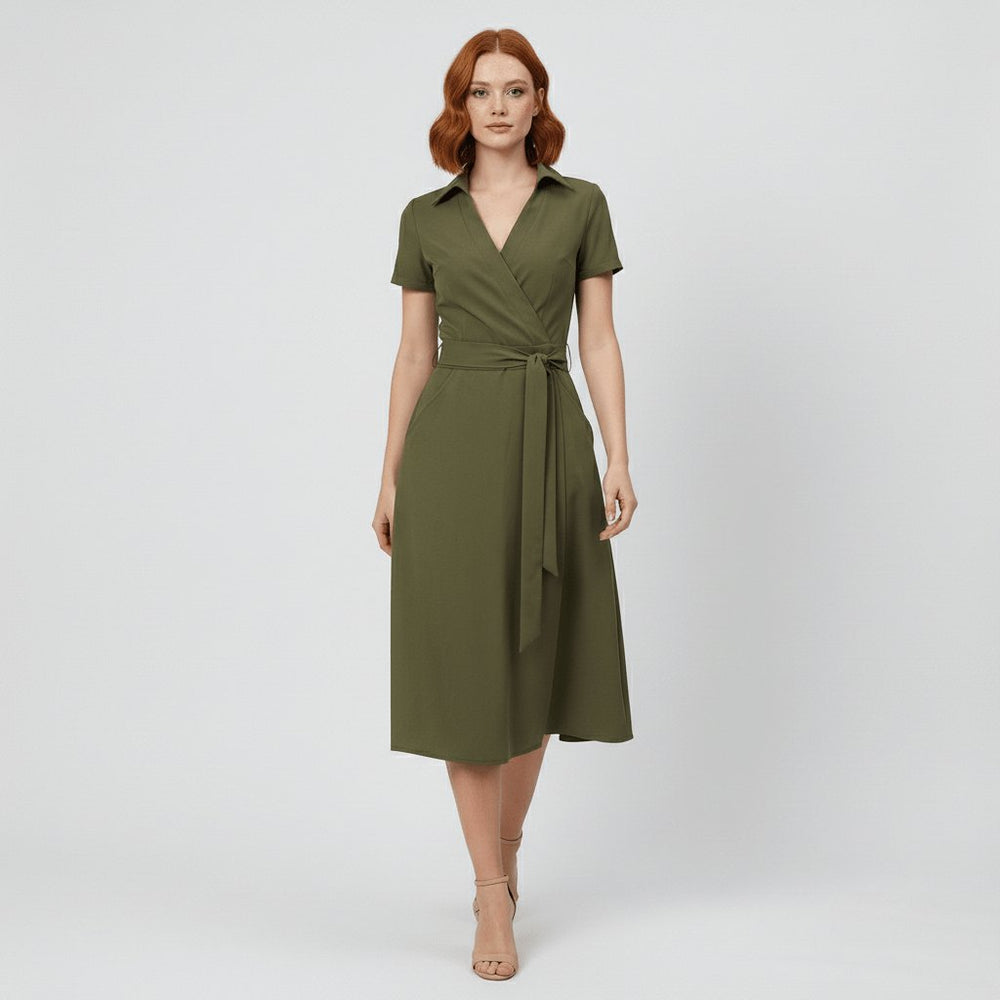 Women's A-Line Wrap V-Neck Short Sleeve Midi Dress