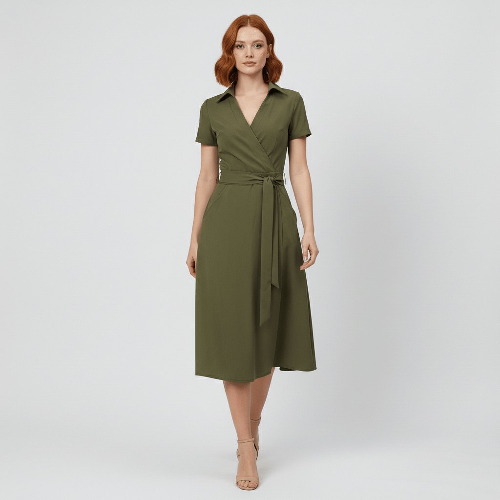 Women's A-Line Wrap V-Neck Short Sleeve Midi Dress