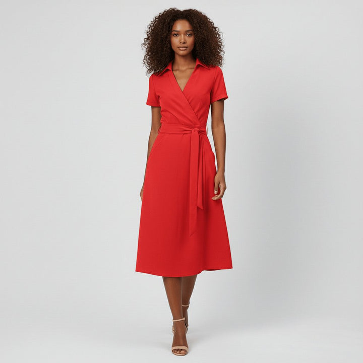 Women's A-Line Wrap V-Neck Short Sleeve Midi Dress - Classic Red