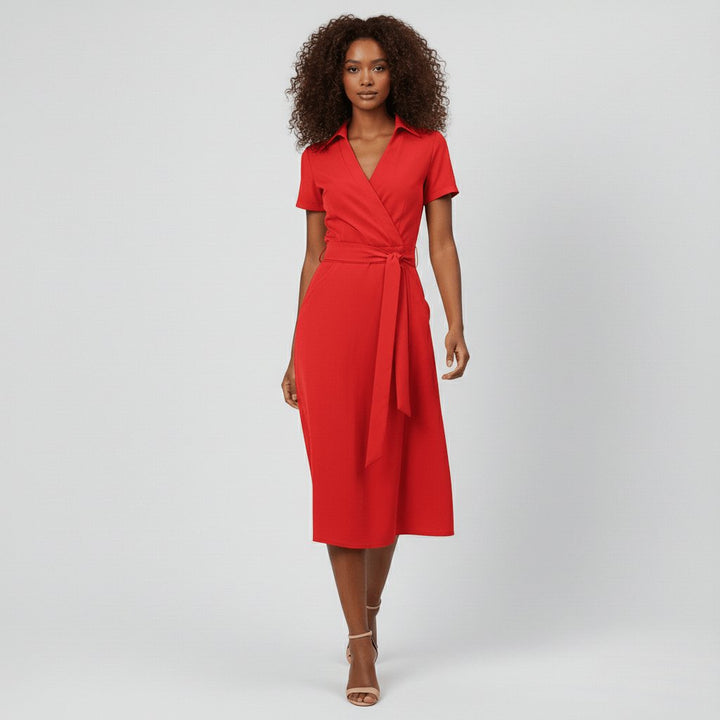 Women's A-Line Wrap V-Neck Short Sleeve Midi Dress