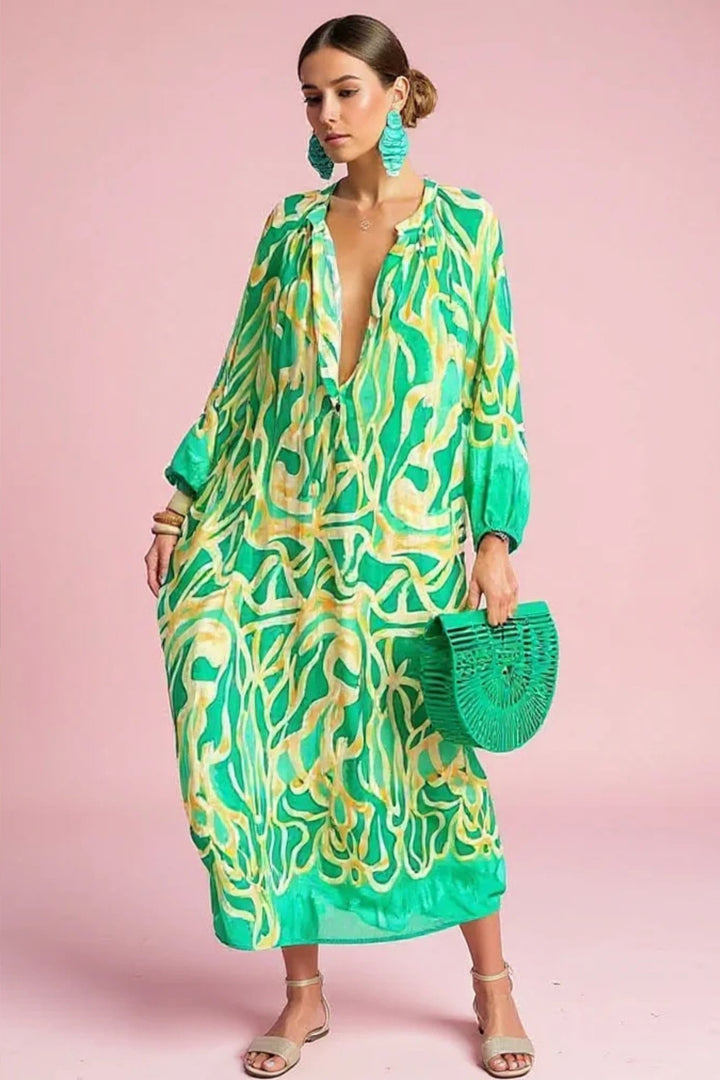 Women's Abstract Print V-Neck Relaxed Kaftan Maxi Dress - Green