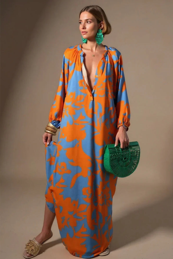 Women's Abstract Print V-Neck Relaxed Kaftan Maxi Dress - Orange