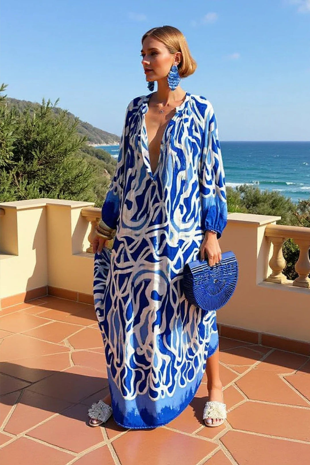 Women's Abstract Print V-Neck Relaxed Kaftan Maxi Dress - Blue