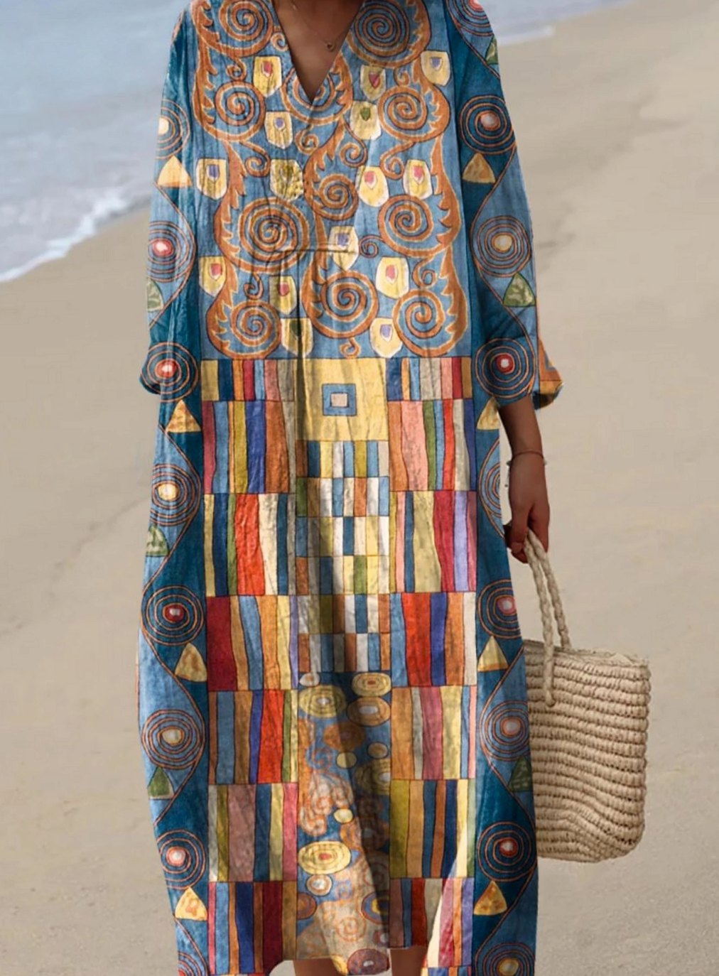 Women's Artistic Print Loose-Fit Long Sleeve Fall Dress - Multicolor