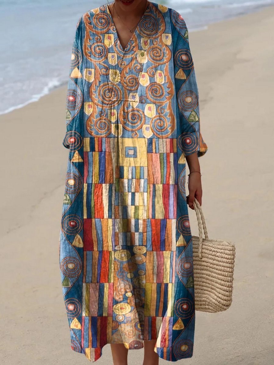 Women's Artistic Print V-Neck Maxi Oversized Dress - Multicolor