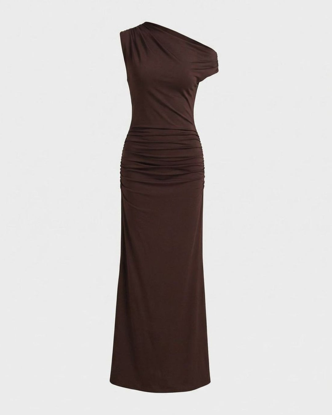 Women's Asymmetric One-Shoulder Ruched Maxi Dress - Brown