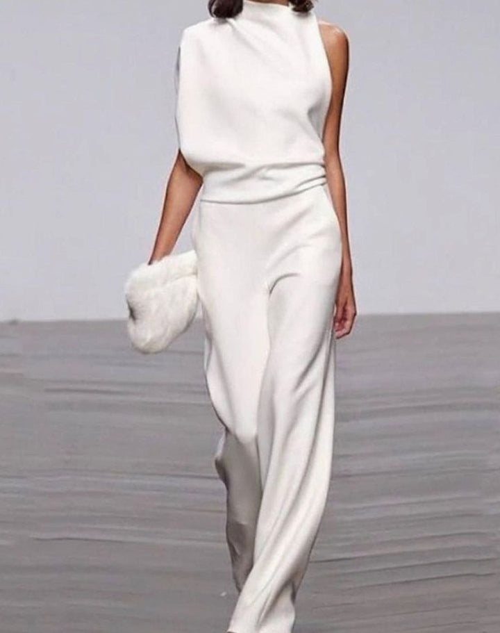 Women's Asymmetric Sleeveless Mock-Neck Wide-Leg Shoulder Jumpsuit - White