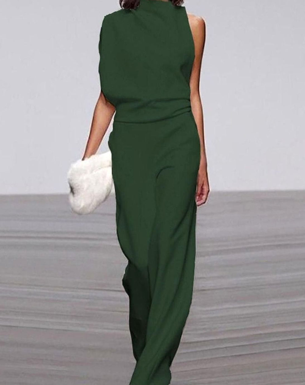 Women's Asymmetric Sleeveless Mock-Neck Wide-Leg Shoulder Jumpsuit - Green