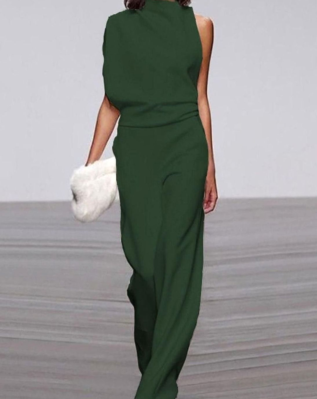 Women's Asymmetric Sleeveless Mock-Neck Wide-Leg Shoulder Jumpsuit - Green