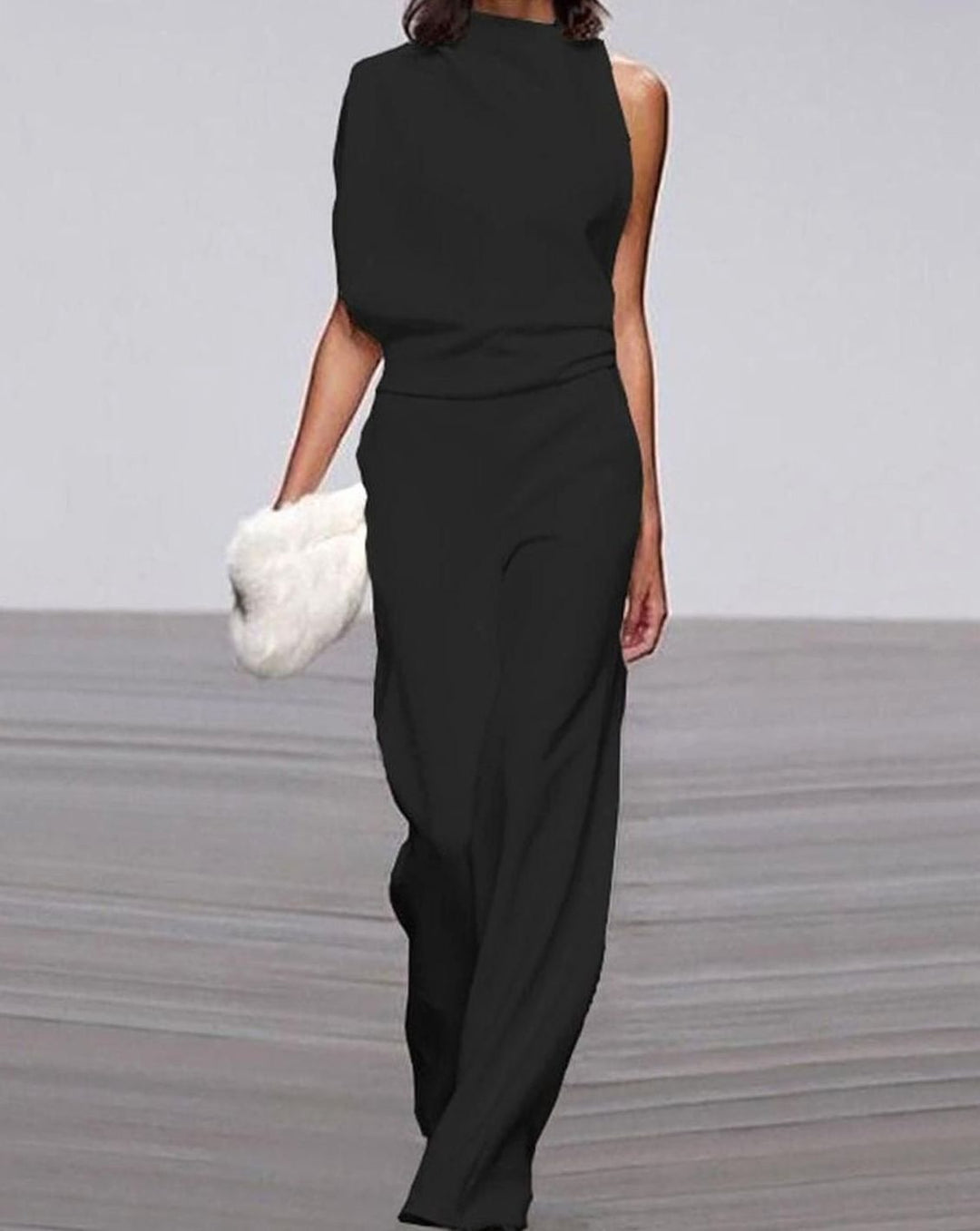 Women's Asymmetric Sleeveless Mock-Neck Wide-Leg Shoulder Jumpsuit - Black