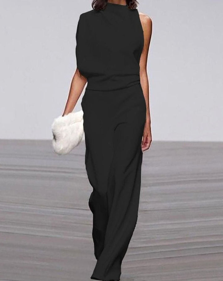 Women's Asymmetric Sleeveless Mock-Neck Wide-Leg Shoulder Jumpsuit - Black
