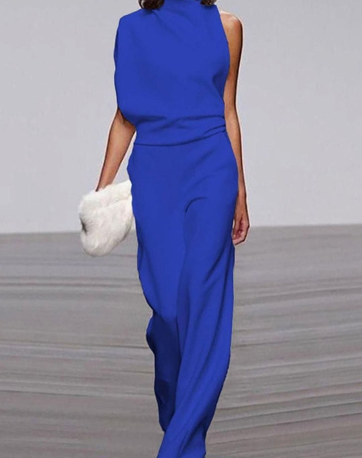 Women's Asymmetric Sleeveless Mock-Neck Wide-Leg Shoulder Jumpsuit - Blue