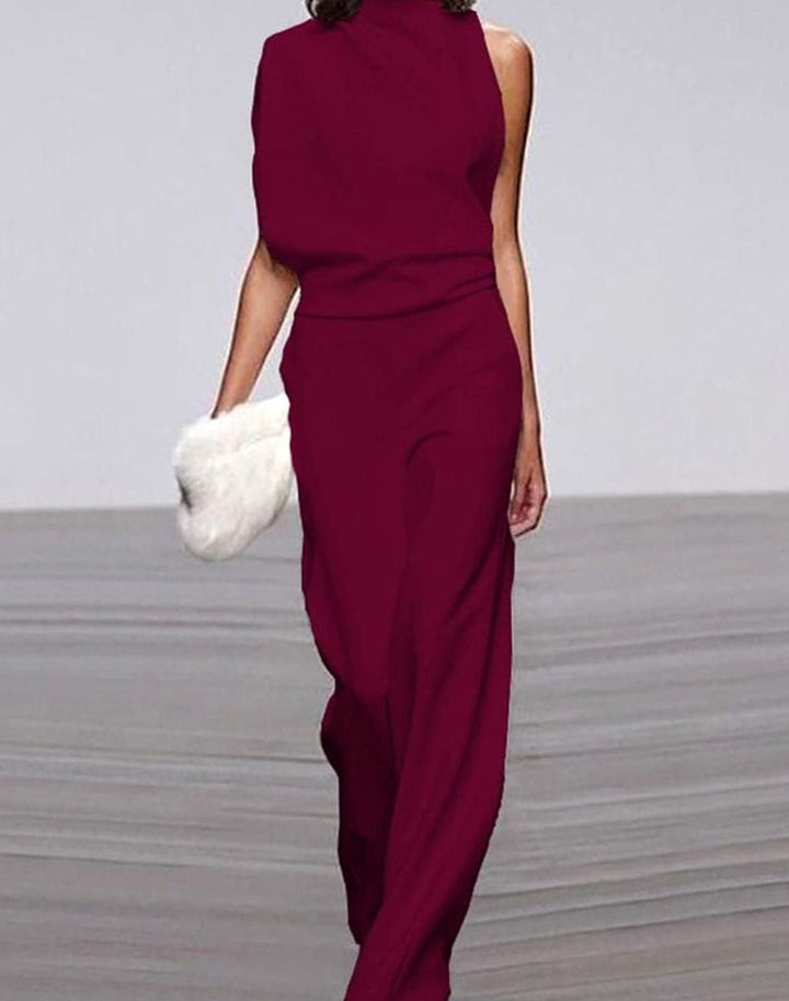 Women's Asymmetric Sleeveless Mock-Neck Wide-Leg Shoulder Jumpsuit - Dark Red