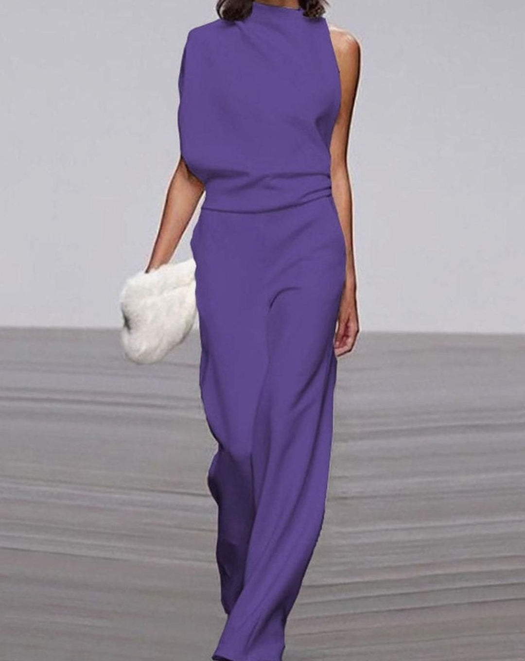 Women's Asymmetric Sleeveless Mock-Neck Wide-Leg Shoulder Jumpsuit - Purple