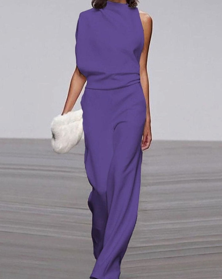 Women's Asymmetric Sleeveless Mock-Neck Wide-Leg Shoulder Jumpsuit - Purple