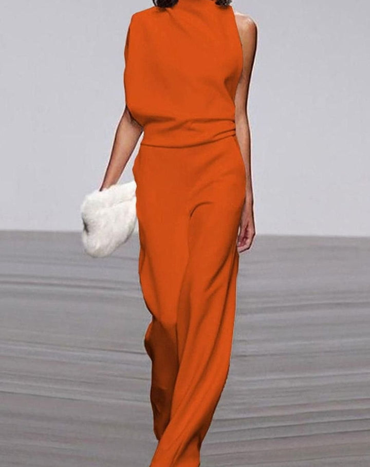 Women's Asymmetric Sleeveless Mock-Neck Wide-Leg Shoulder Jumpsuit - Orange