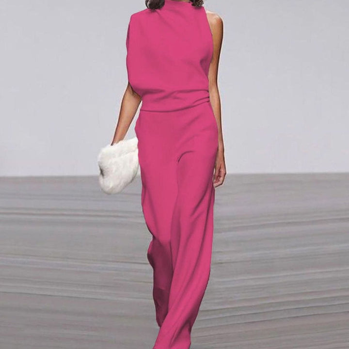 Women's Asymmetric Sleeveless Mock-Neck Wide-Leg Shoulder Jumpsuit - Fuchsia