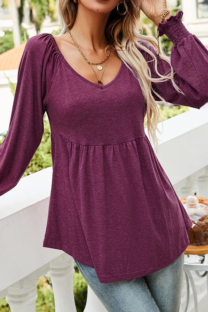 Women's Babydoll Long-Sleeve V-Neck Flowy Tunic Top - Vintrode