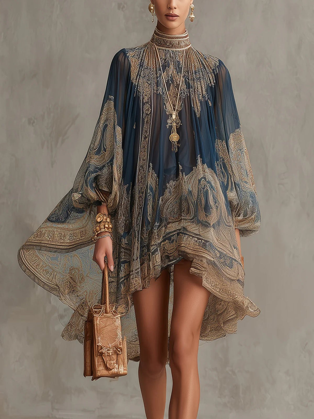 Women's Baroque Print Chiffon High-Neck Asymmetric Flowy Mini Dress - Navy