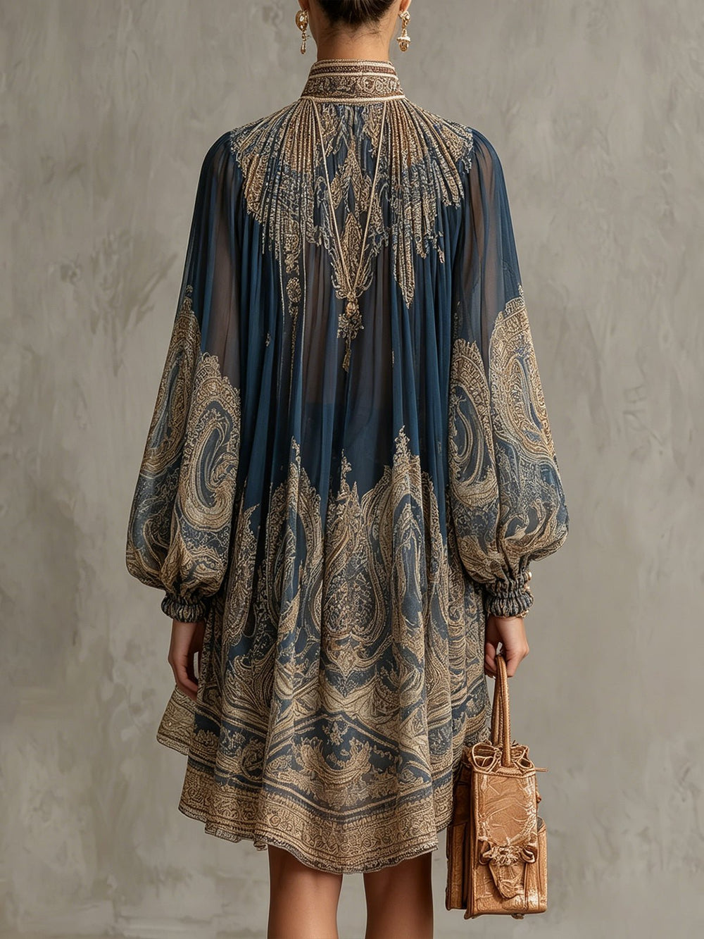 Women's Baroque Print Chiffon High-Neck Asymmetric Flowy Mini Dress