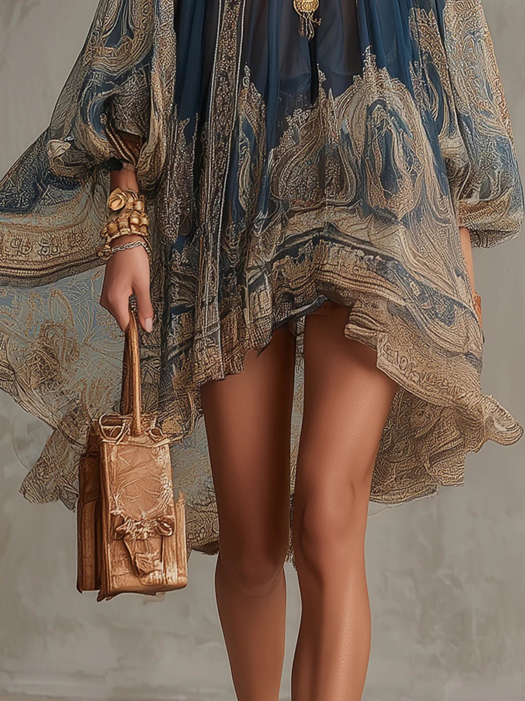 Women's Baroque Print Chiffon High-Neck Asymmetric Flowy Mini Dress