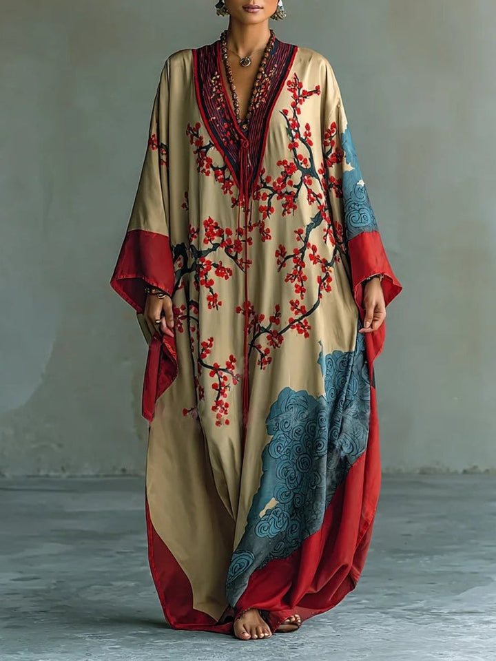 Women's Batwing Maxi Long Sleeve Dress Japanese Plum Blossom Print - Red