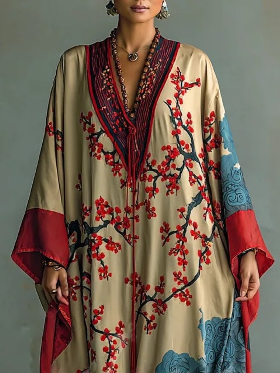 Women's Batwing Maxi Long Sleeve Dress Japanese Plum Blossom Print