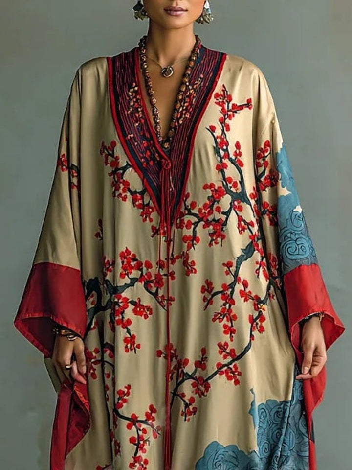 Women's Batwing Maxi Long Sleeve Dress Japanese Plum Blossom Print