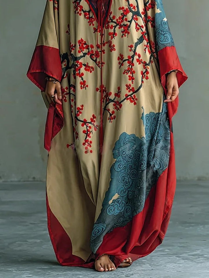 Women's Batwing Maxi Long Sleeve Dress Japanese Plum Blossom Print
