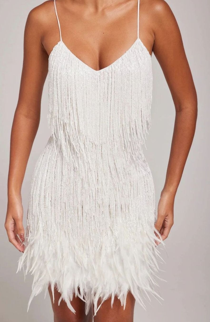 Women's Beaded Fringe Feather-Trim Spaghetti Strap Mini Dress