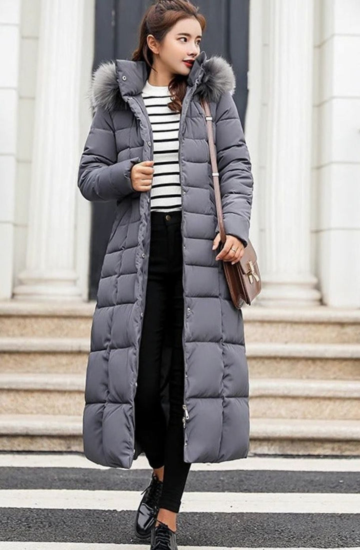 Women's Belted Long Quilted Hooded Puffer Coat Fur Trim - Dark Grey