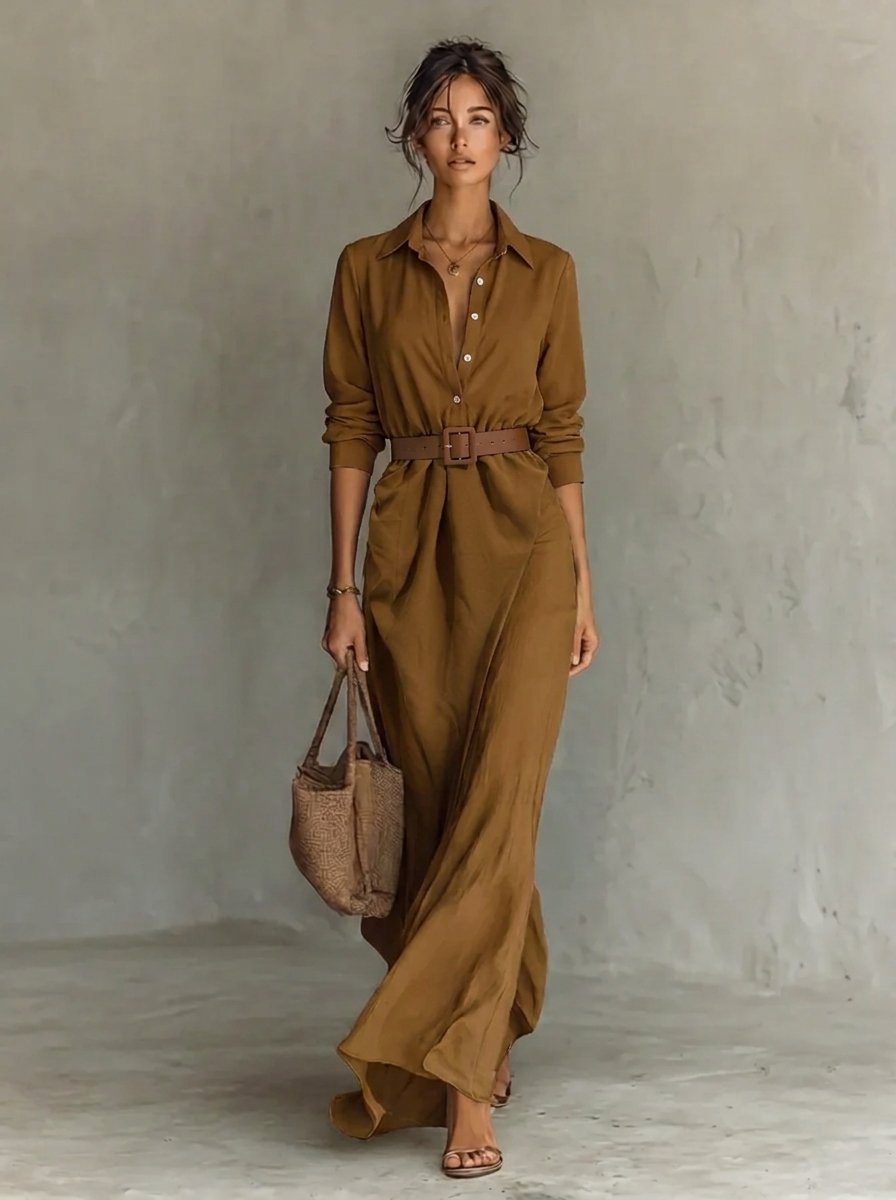 Women's Belted Maxi Long Sleeve Dress Shirt Collar - Khaki