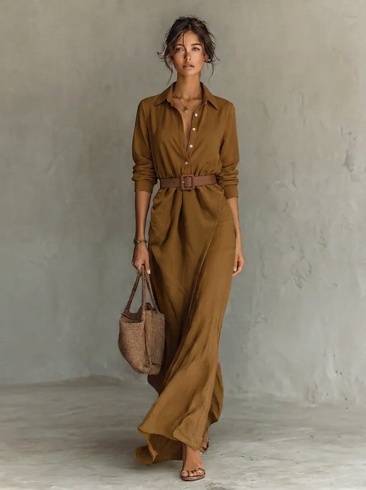 Women's Belted Maxi Long Sleeve Dress Shirt Collar - Khaki
