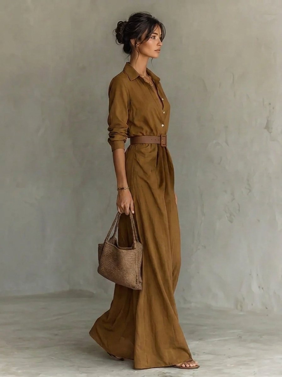 Women's Belted Maxi Long Sleeve Dress Shirt Collar