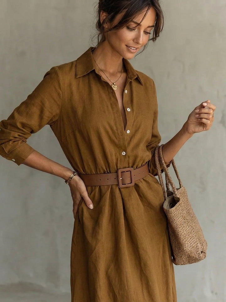 Women's Belted Maxi Long Sleeve Dress Shirt Collar
