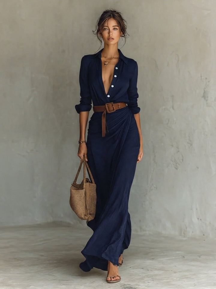 Women's Belted Maxi Long Sleeve Dress Shirt Collar - Navy Blue