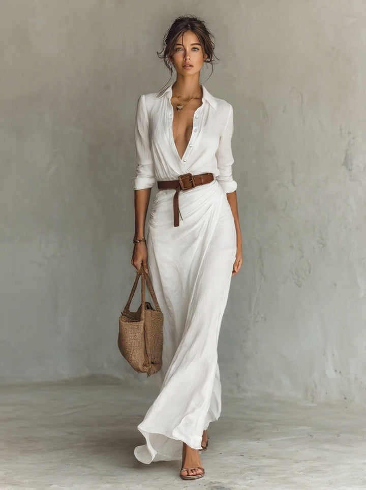 Women's Belted Maxi Long Sleeve Dress Shirt Collar - White