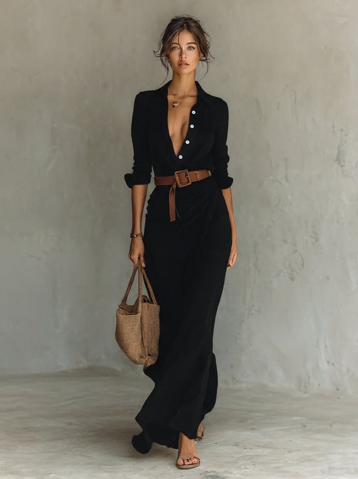 Women's Belted Maxi Long Sleeve Dress Shirt Collar - Black