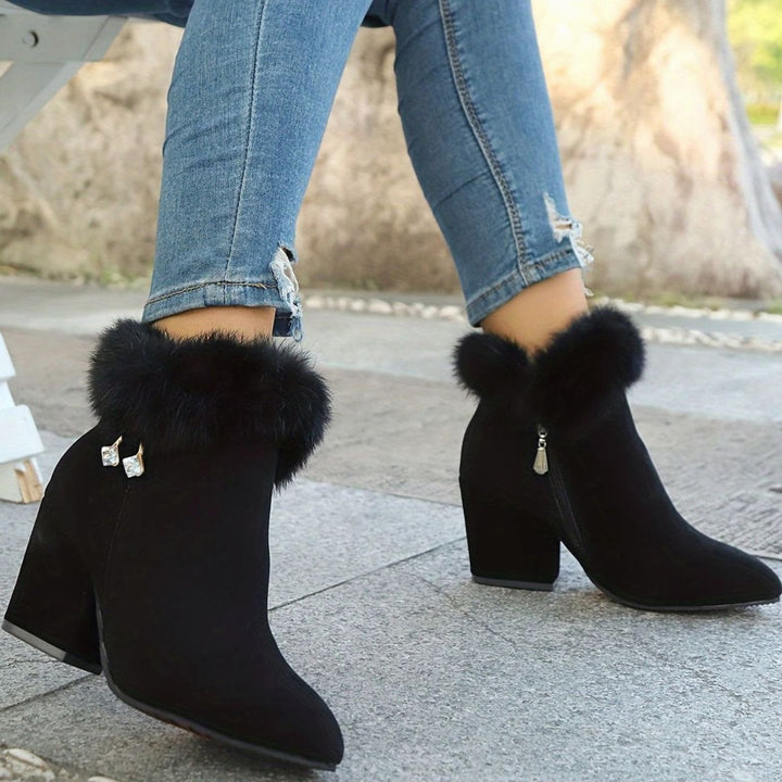 Women's Black Boots Faux Fur Trim Block-Heel Ankle Booties II
